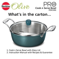 Hawkins Olive Pro 3 Litre Cook n Serve Bowl, Triply Stainless Steel Pan with Stainless Steel Handles and Glass Lid, Green (POSC30G)