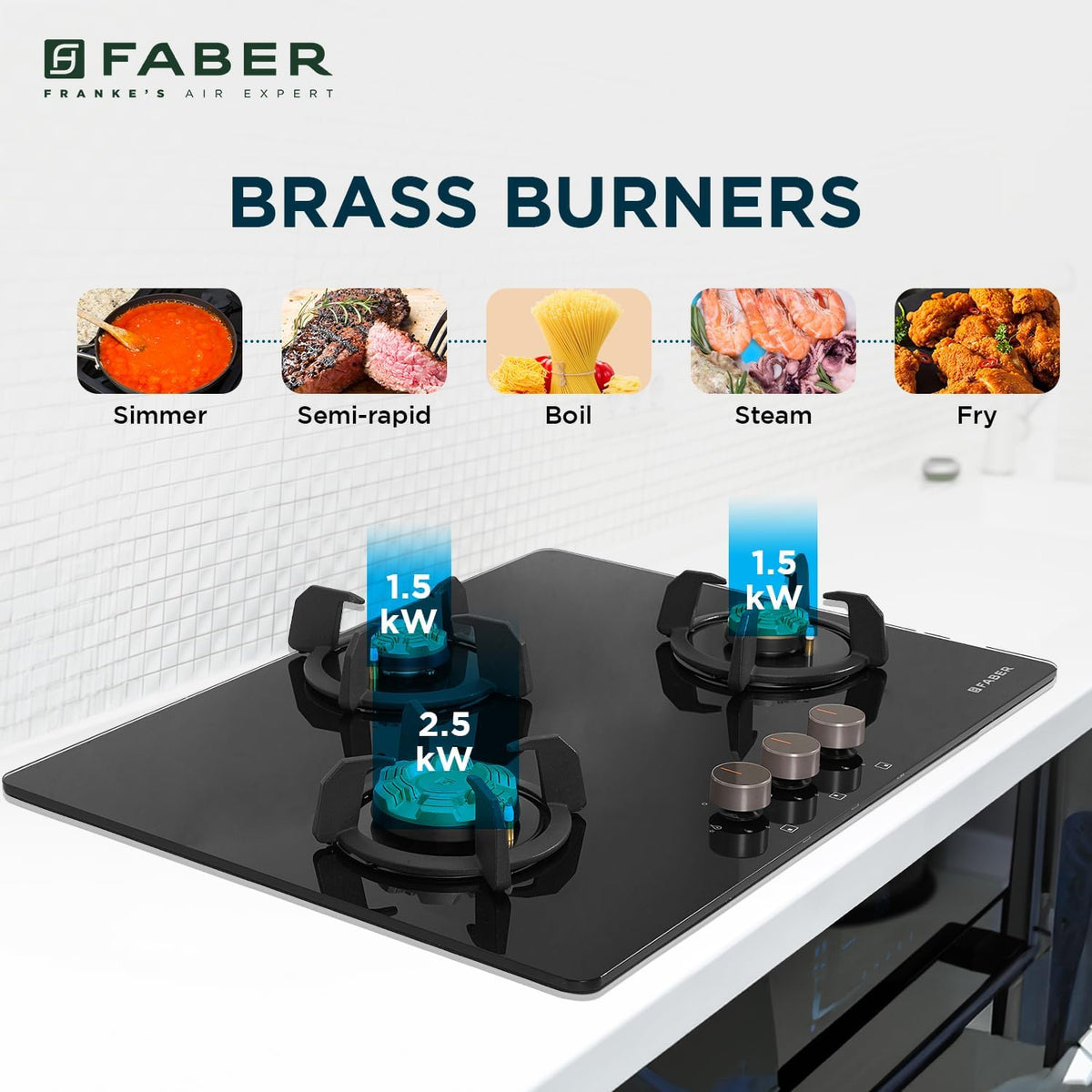 Faber 3 Burner 70cm Hobtop|Auto-Ignition|Metal Knobs|Cast Iron Pan Support |Hob/Cooktop Hybrid| Black Glass Finish|5Yr W
