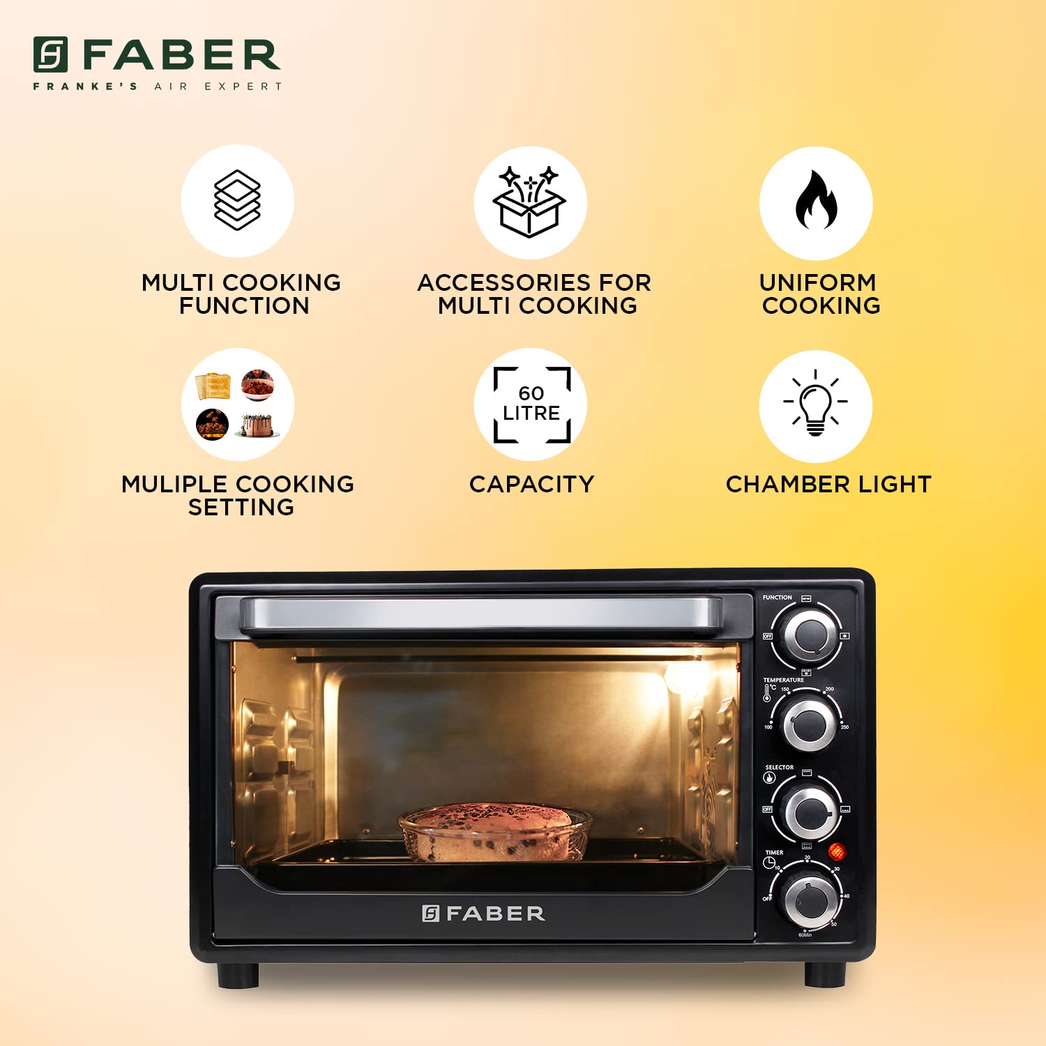 Faber 60L 2200W OTG | Bake, Toast, Roast, Grill | 4 Heating Functions, Upper & Lower Heating, Rottisserie, 360° Convection| Indicator Light, Auto Shut-Off, Ready Bell | Removable Crumb Tray | (Black)