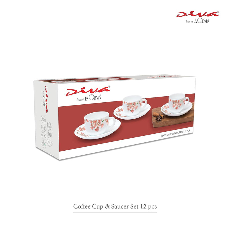 La Opala Diva, Opal Glass Crockery | Coffee Cup & Saucer Iris, Set of 12 | Misty Drops, 100 ml | for Tea & Coffee | Microwave Safe | 100% Vegetarian | Extra Strong | Super Light | Super White