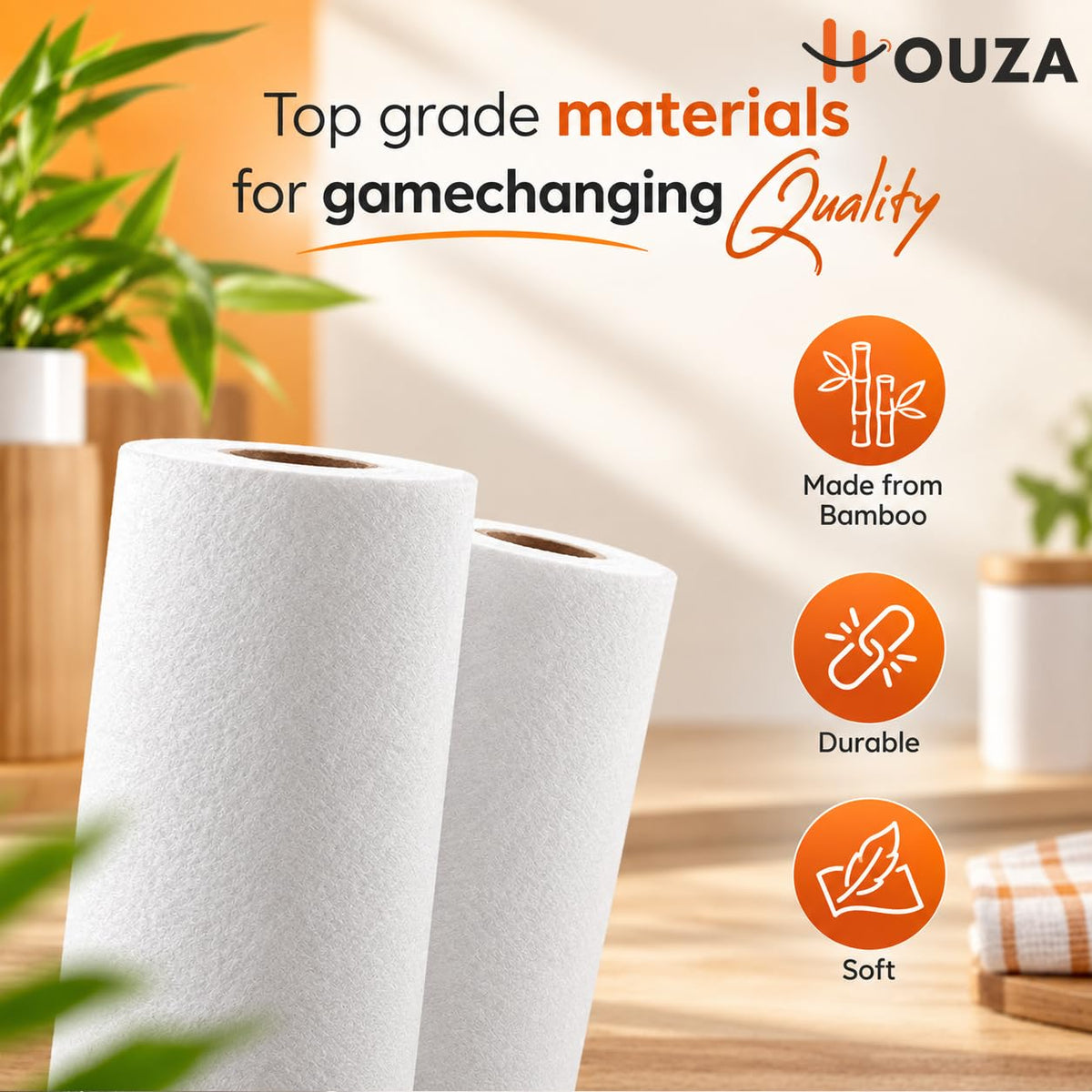 HOUZA Reusable Kitchen Towel Roll | Eco-Friendly Bamboo Kitchen Cleaning Wipes | Soft & Highly Absorbent | Paper Towel & Dishcloth Alternative | 2000 Times Hand Washable | 20 Sheets