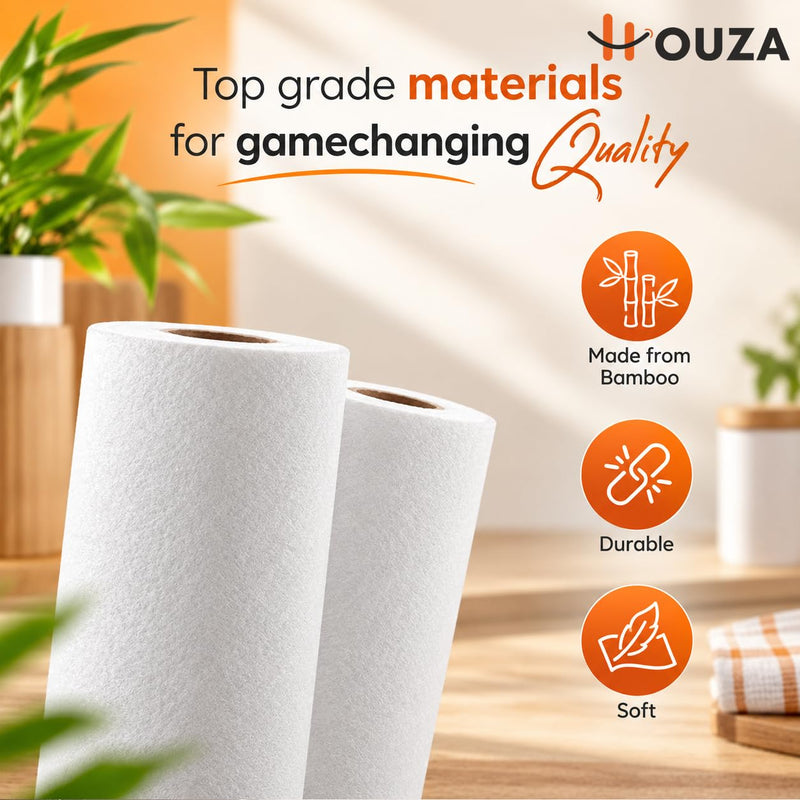 HOUZA Reusable Kitchen Towel Roll | Eco-Friendly Bamboo Kitchen Cleaning Wipes | Soft & Highly Absorbent | Paper Towel & Dishcloth Alternative | 2000 Times Hand Washable | 20 Sheets