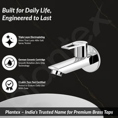 Plantex Pure Brass Bib Cock for Bathroom/Long Body Taps/Wall Mount Tap for Wash Basin with Teflon Tape & Wall Flange - Pack of 1 (Chrome, 3225)-3