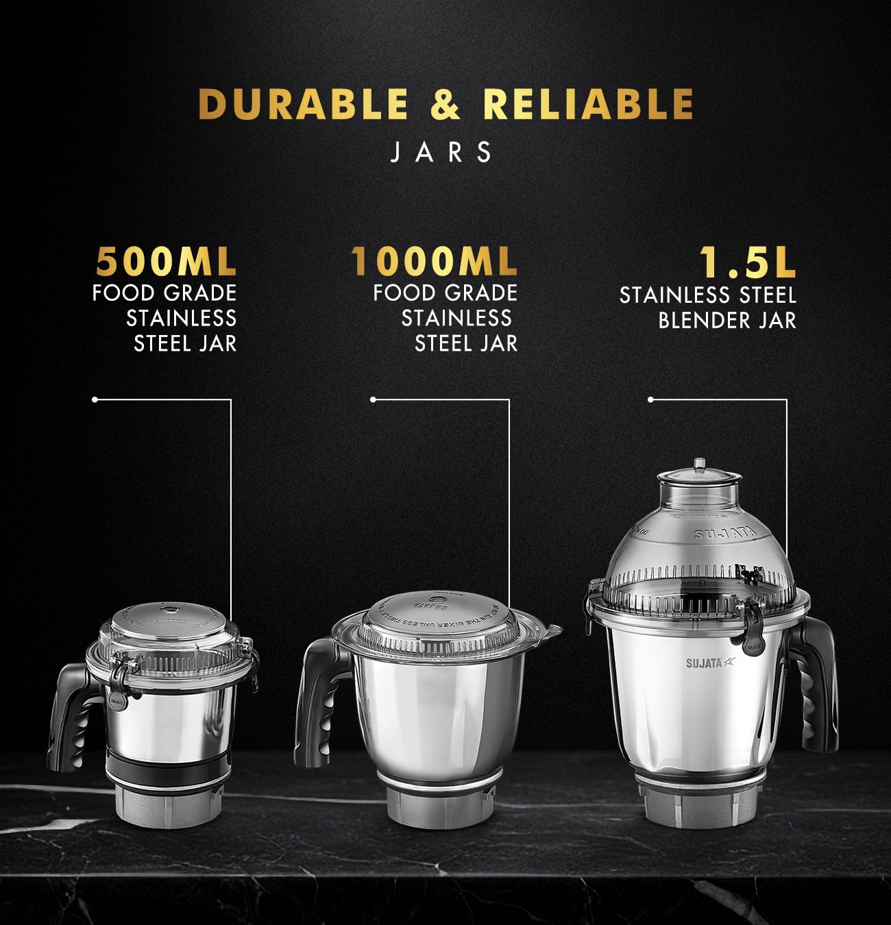 Sujata MG02 Mixer Grinder|1000 Watts Double Ball Bearing Motor|24000 RPM|Non-Stop 90 Mins Running|3 Food Grade Steel Jars including 1500ml Multipurpose, 1000ml Grinder, 500ml Chutney Jar| (Black)