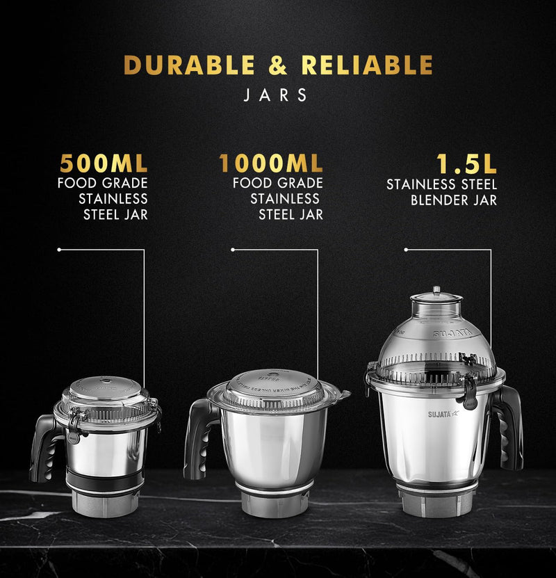 Sujata MG02 Mixer Grinder|1000 Watts Double Ball Bearing Motor|24000 RPM|Non-Stop 90 Mins Running|3 Food Grade Steel Jars including 1500ml Multipurpose, 1000ml Grinder, 500ml Chutney Jar| (Black)