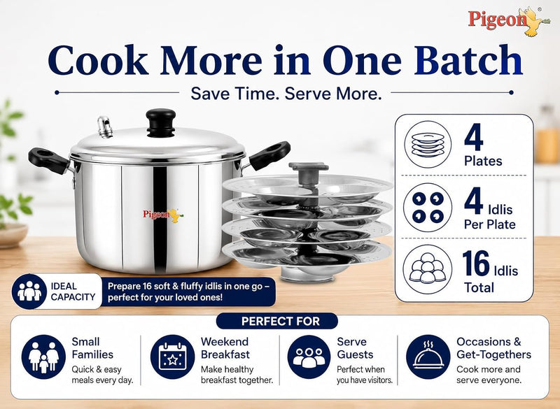 Pigeon Desire Stainless Steel Idli Cooker | ISI Certified Steamer Pot