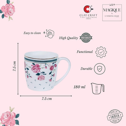 Magique by The Wishing Chair x ClayCraft : Portrait of a Rose Ceramic Chai Mugs - Set of 6 | 180 ml | Elegant Design Mugs for Coffee | Ideal for Gifting | Perfect for Home & Office