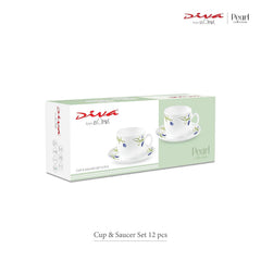 La Opala Diva, Pearl Collection Opal Glass Crockery | Cup & Saucer, Set of 12 | Dusky Vines, 160 ml | for Tea & Coffee | Microwave Safe | 100% Vegetarian | Extra Strong | Super Light | Super White