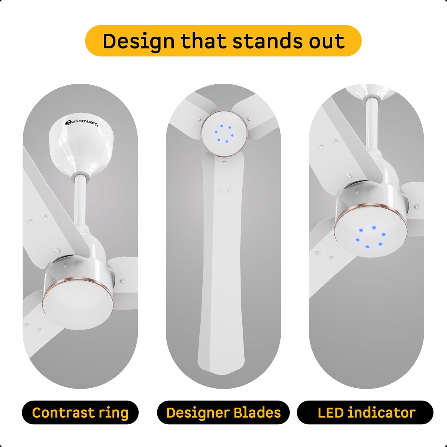 atomberg Renesa Halo Smart Alexa Enabled 1200mm BLDC Ceiling Fan with Remote |BEE 5 star | High Air Delivery |Low noise |LED Speed Indicator |Sleek Design | | 3 Year Warranty| Gloss White & Gold Ring