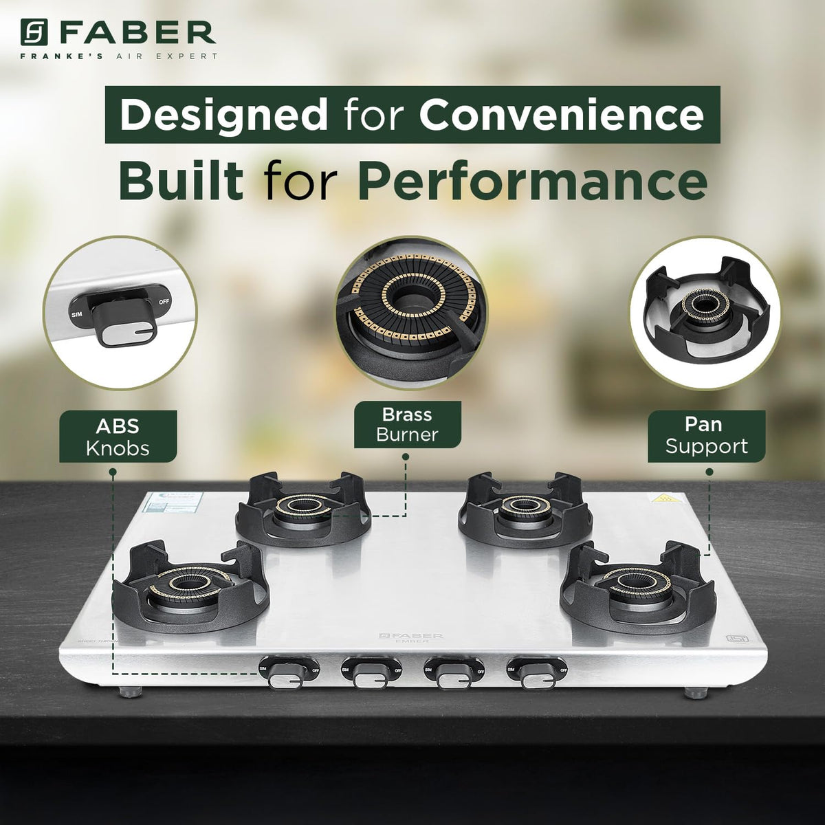 Faber Ember Stainless Steel Cooktop | 4 Brass Burners (Jumbo, 2Medium & Small |Manual Ignition | Diamond-Coated Pan Supp