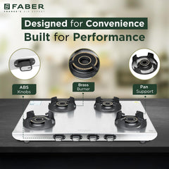 Faber Ember Stainless Steel Cooktop | 4 Brass Burners (Jumbo, 2Medium & Small |Manual Ignition | Diamond-Coated Pan Supp