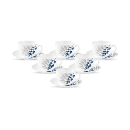 La Opala Diva, Pearl Collection Opal Glass Crockery | Cup & Saucer, Set of 12 | Indigo Bliss, 160 ml | for Tea & Coffee | Microwave Safe | 100% Vegetarian | Extra Strong | Super Light | Super White