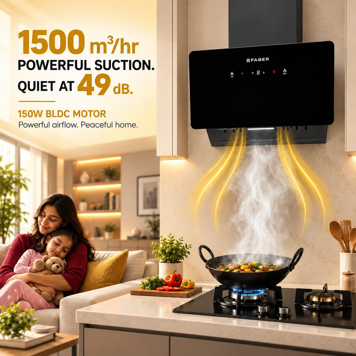 Faber Hood Trendy 60cm 1500 m³/hr BLDC Autoclean Slant Shape Chimney | Built In Oil Collector | Touch & Gesture Control 