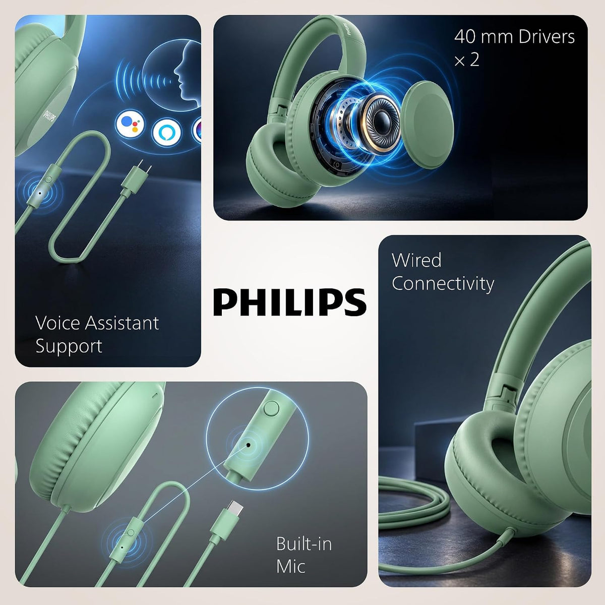 Philips TAH1204GR Wired On-Ear Headphones with Mic 40mm Drivers Green (TAH1204GR/94)