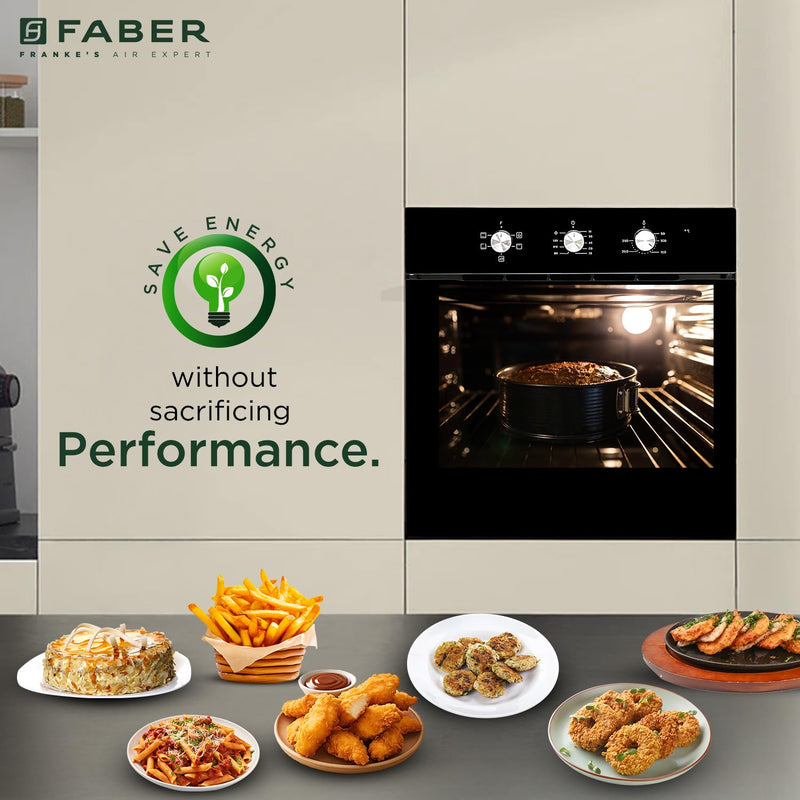 Faber 80L Built-In Full Black Glass Oven||Mechanical Timer||5 Cooking Functions with Grill Rack,Grill Tray||2-Layer Glass Door, 50–250°C Temp Range||FBIO 80L 5F BK||2Yr Comprehensive Warranty