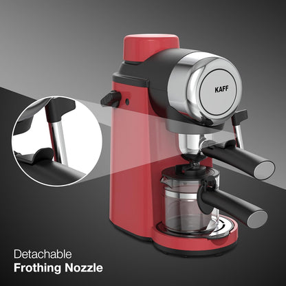 KAFF VIENNA 800 Watts Espresso, Cappuccino and Latte Coffee Maker, Glass Carafe Jar, 750W, with Automatic Pressure-Release, Over-Heat and Over-Pressure Protecting Device (Red)