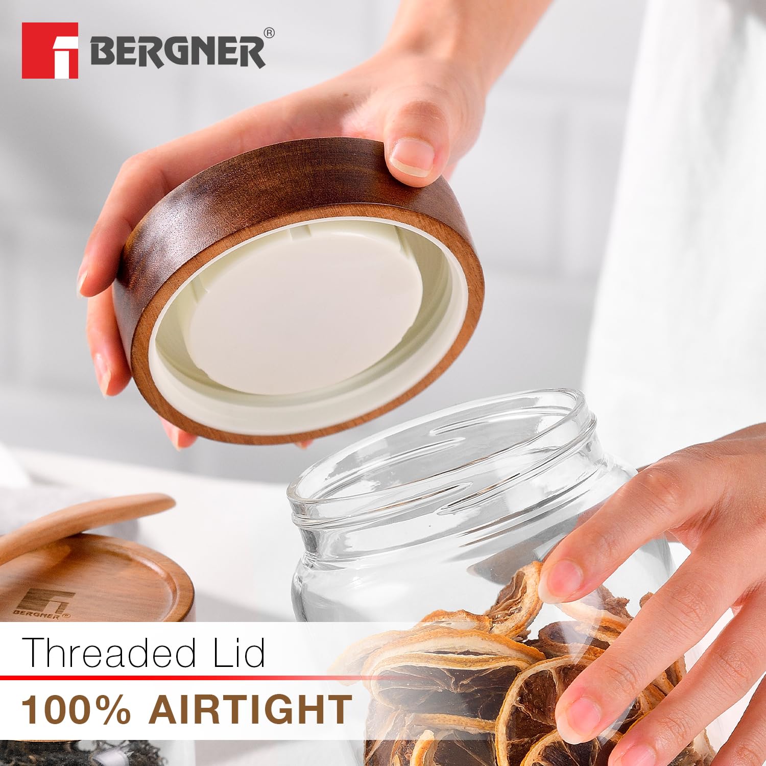 Bergner Acadia Borosilicate Glass Jars with Solid Wood Lid, Set of 2 Jars, 120ml Each, For Storing and Preserving Sugar, Flour, Tea, Coffee, Spices, Biscuits, Oats | Multipurpose Container for Kitchen