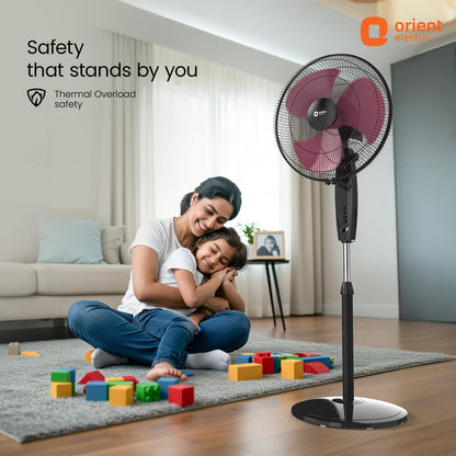 Orient Electric Stand 87 Pedestal Fan | High Speed 2100 RPM 95 CMM | 100% Copper Motor | 90 Degree Oscillation and Tilt | Adjustable Height | 3 Speed | Military Grade Guard| Black & Red