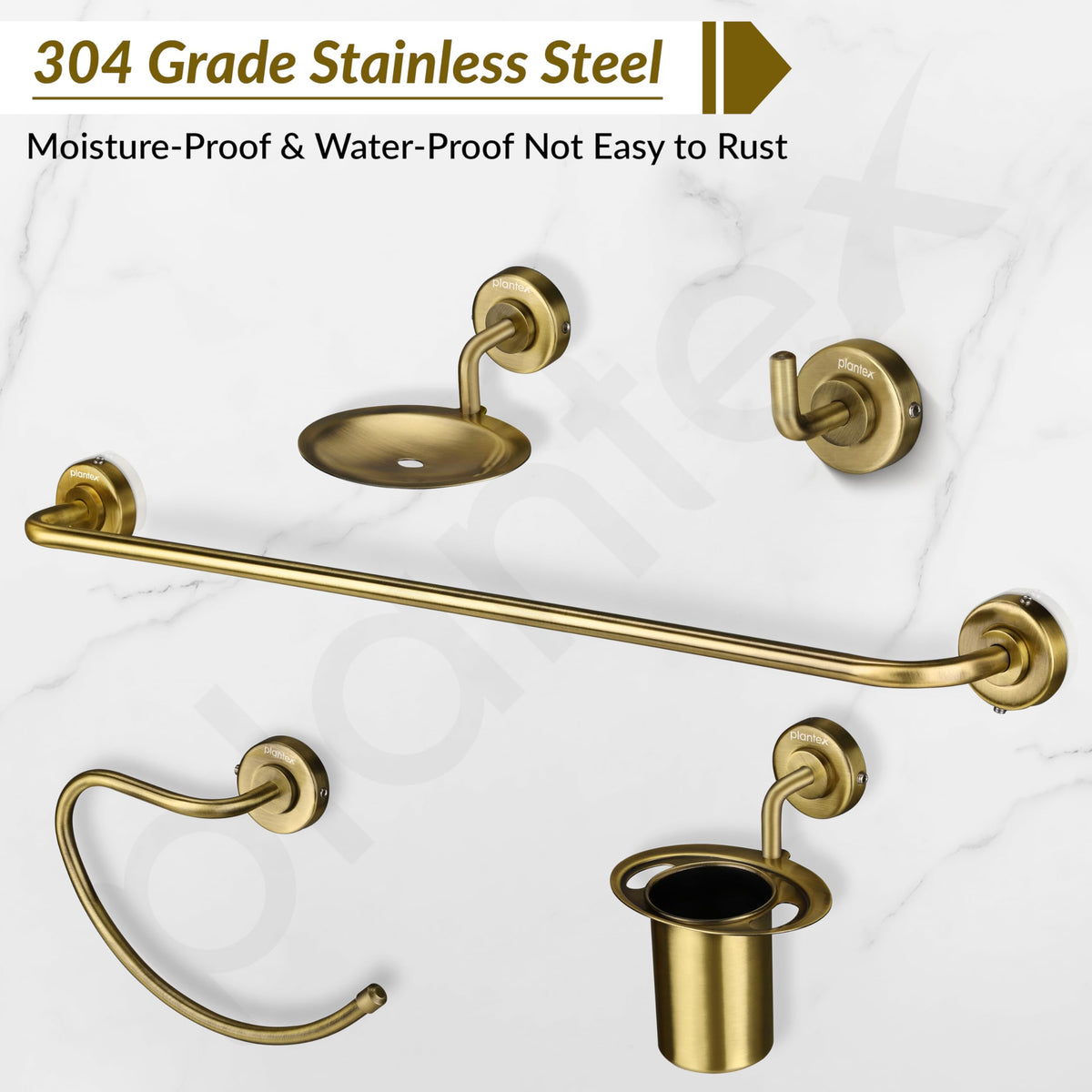 Plantex 304 Grade Stainless Steel Bathroom Accessories Set of 5 - Towel Rod/Hand Napkin Hanger for Wash Basin/Soap Case/Toothbrush Holder/Robe Hook - Daizy (Brass Antique)-4