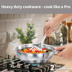 Hawkins Pro 3.5 Litre Shielded Nonstick Triply Deep-Fry Pan, Kadhai with Stainless Steel Handles and Glass Lid, Silver (PSNK35G), 26 cm