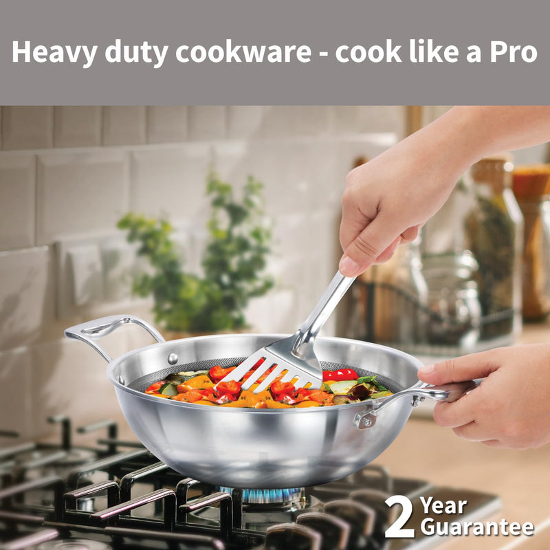 Hawkins Pro 3.5 Litre Shielded Nonstick Triply Deep-Fry Pan, Kadhai with Stainless Steel Handles and Glass Lid, Silver (PSNK35G), 26 cm