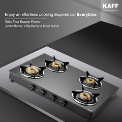 KAFF CTC 69 4B AI Gas Stove/Cooktop 4 Burners with Auto Electric Ignition 69 CM, High Efficiency Brass Burners, Black Tempered Glass, Enamelled Pan Support (Black)