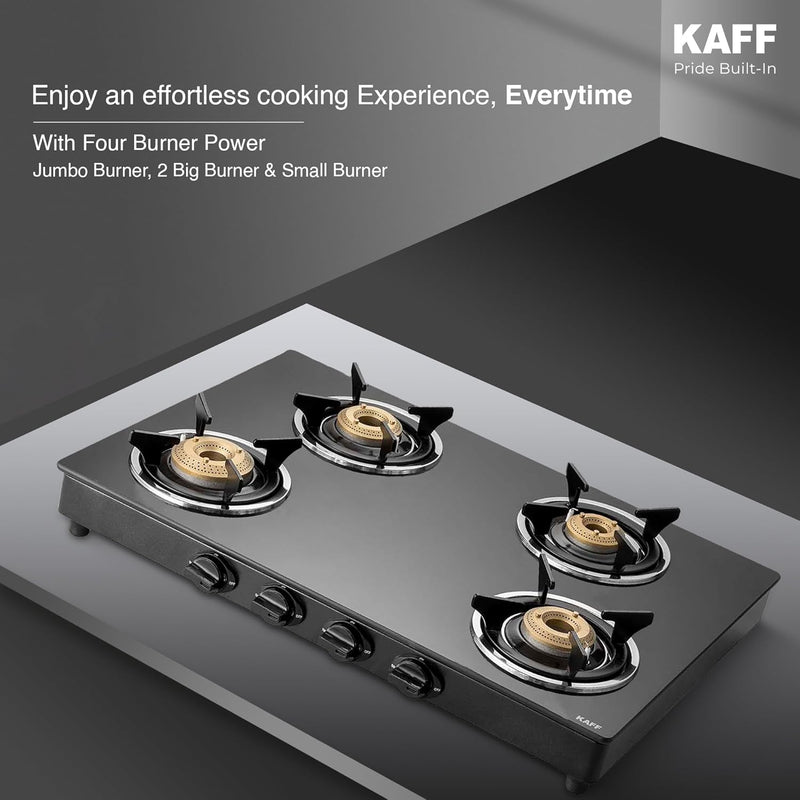 KAFF CTC 69 4B AI Gas Stove/Cooktop 4 Burners with Auto Electric Ignition 69 CM, High Efficiency Brass Burners, Black Tempered Glass, Enamelled Pan Support (Black)