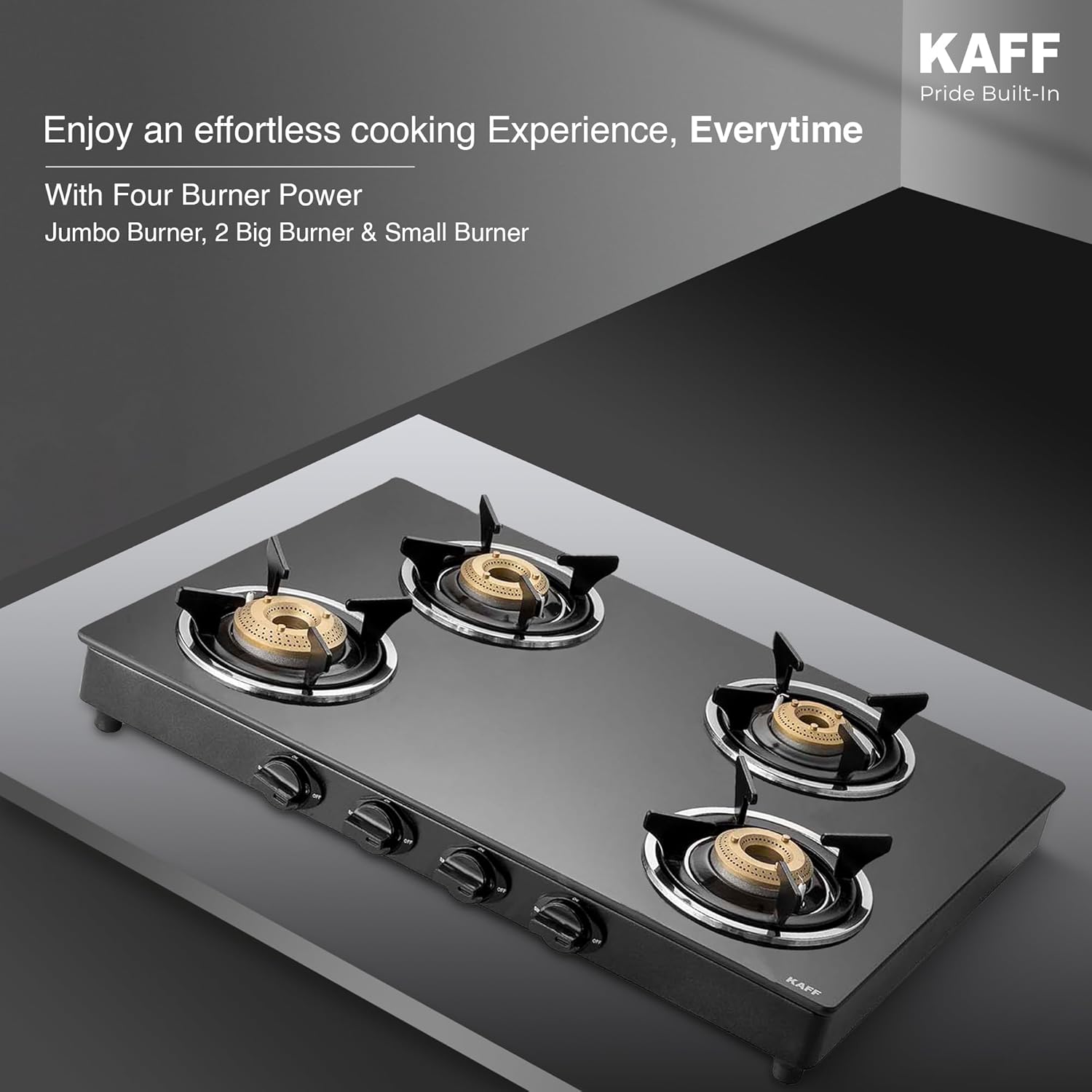 KAFF CTC 69 4B Gas Stove/Cooktop 4 Burners with Manual Ignition 69 CM, High Efficiency Brass Burners, Black Tempered Glass, Enamelled Pan Support (Black)