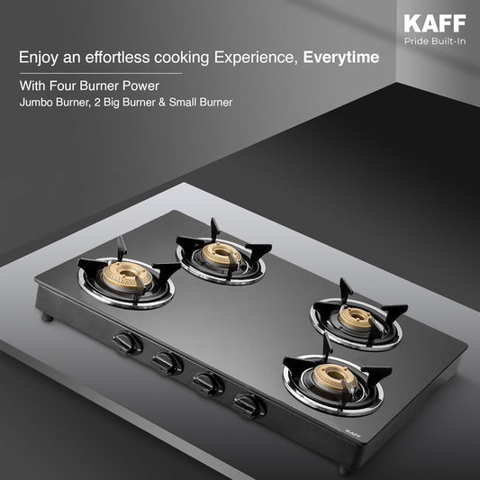 KAFF CTC 69 4B Gas Stove/Cooktop 4 Burners with Manual Ignition 69 CM, High Efficiency Brass Burners, Black Tempered Glass, Enamelled Pan Support (Black)