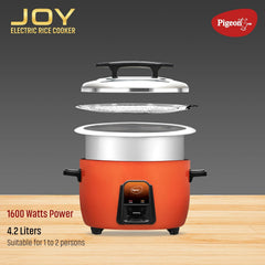 Pigeon by Stovekraft Joy Rice Cooker with Single pot, 4.2 litres. (Orange) | Stainless Steel Lid | 1600 Watts | 1 Alumin