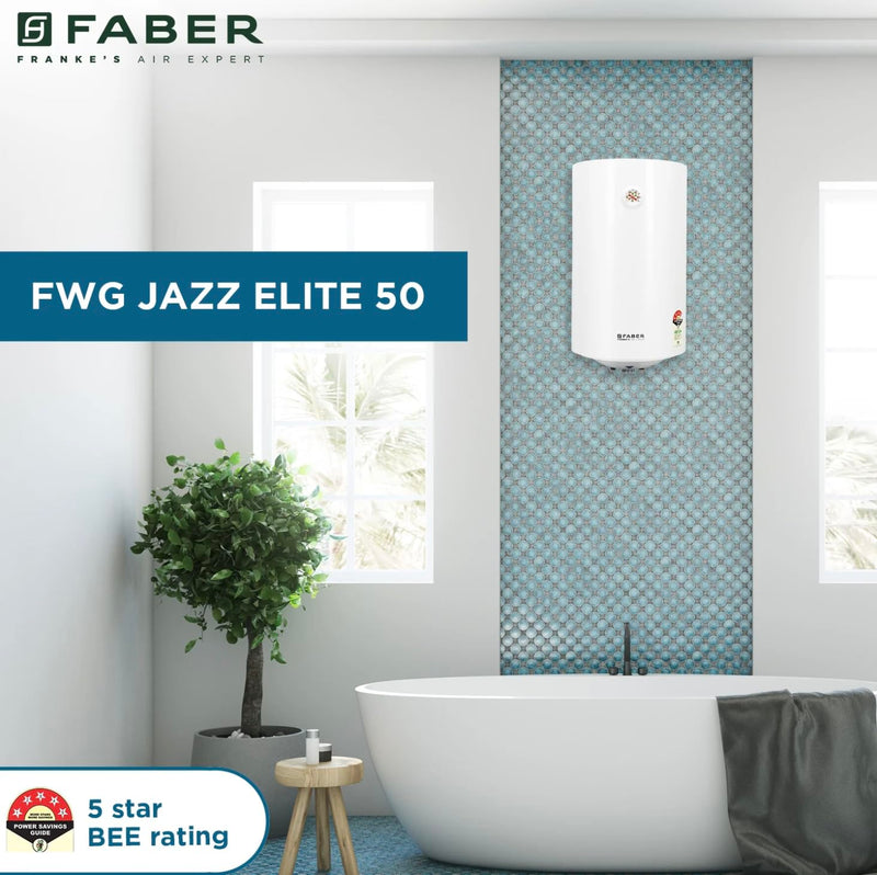 Faber Jazz Elite 50L Vertical Storage Water Geyser | Heating Indicator, 8 Bar Pressure, Titanium Glassline Coated Tank, 