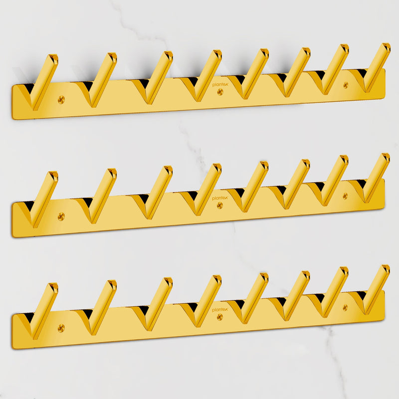 Plantex Wall Hooks for Hanging Cloth/Stainless Steel Towel Hangers/Bathroom Robe Hooks/Door Hangers/Square Wall Hook/Hook Rail for Hanging Keys - 8 Hooks (Pack of 3, PVD Gold)-1