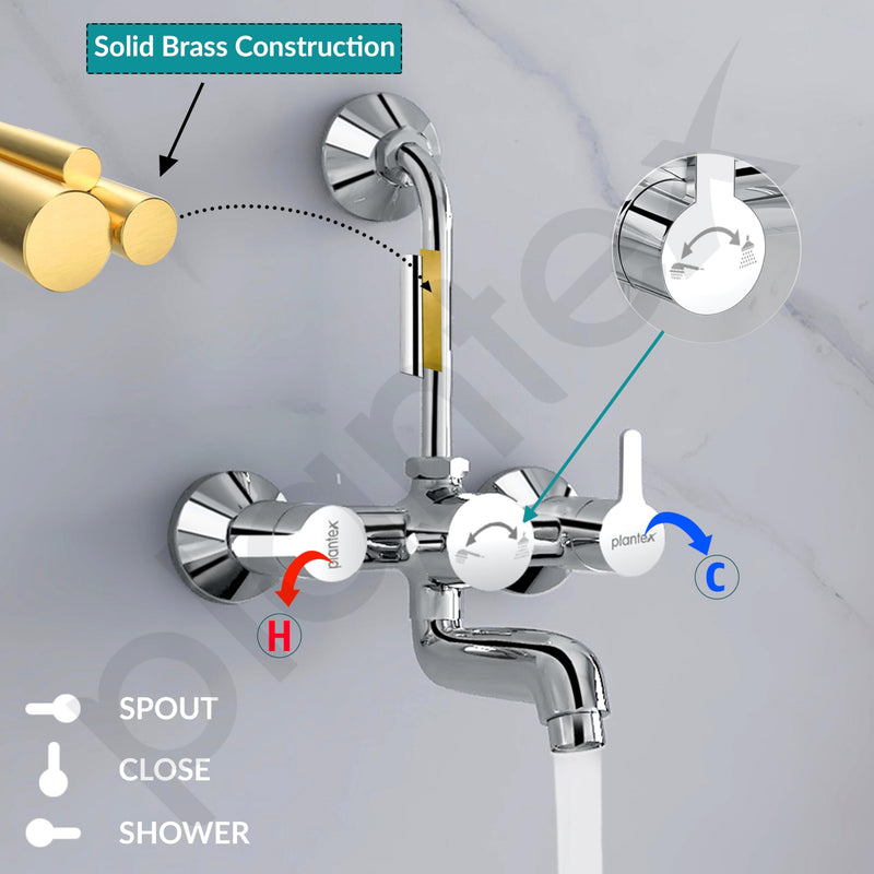 Plantex Pure Brass Wall Mixer for Bathroom 2 in 1 with L-Bend Provision for Overhead Shower/Mixer Tap for Bathroom with Water Saving Nozzle Aerator - 7 Year Warranty by Plantex (Ore-1420, Chrome)-4