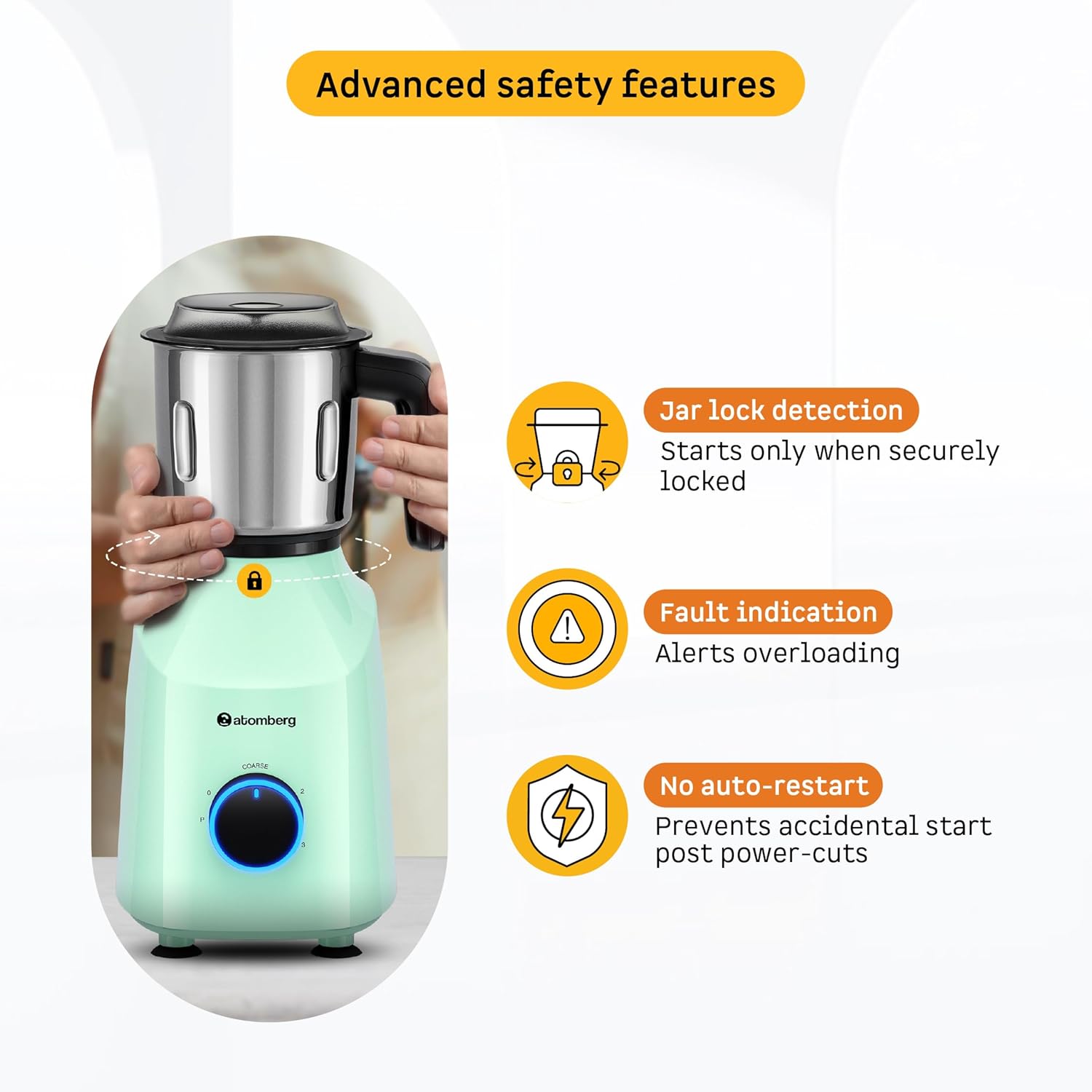 Atomberg Yulia 750 Watt Mixer Grinder | 4 Multipurpose Jars including Chopper Jar | Coarse Mode for Silbatta-like Textures | Powerful Intelligent Motor | Advanced Safety Features | Frosty Mint