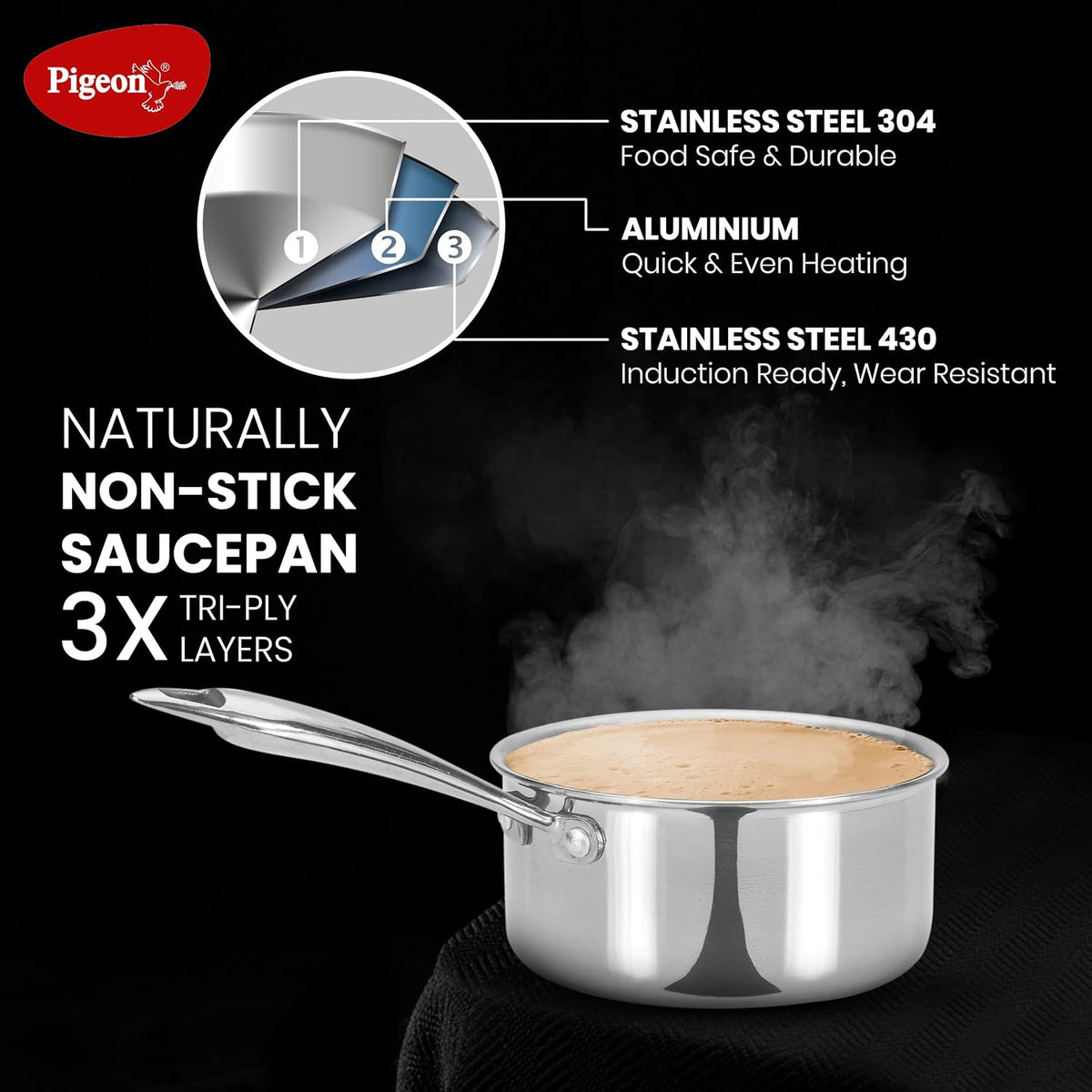 Pigeon Elite Stainless Steel Triply Sauce Pan / Tope, Gas Stove and Induction Compatible
