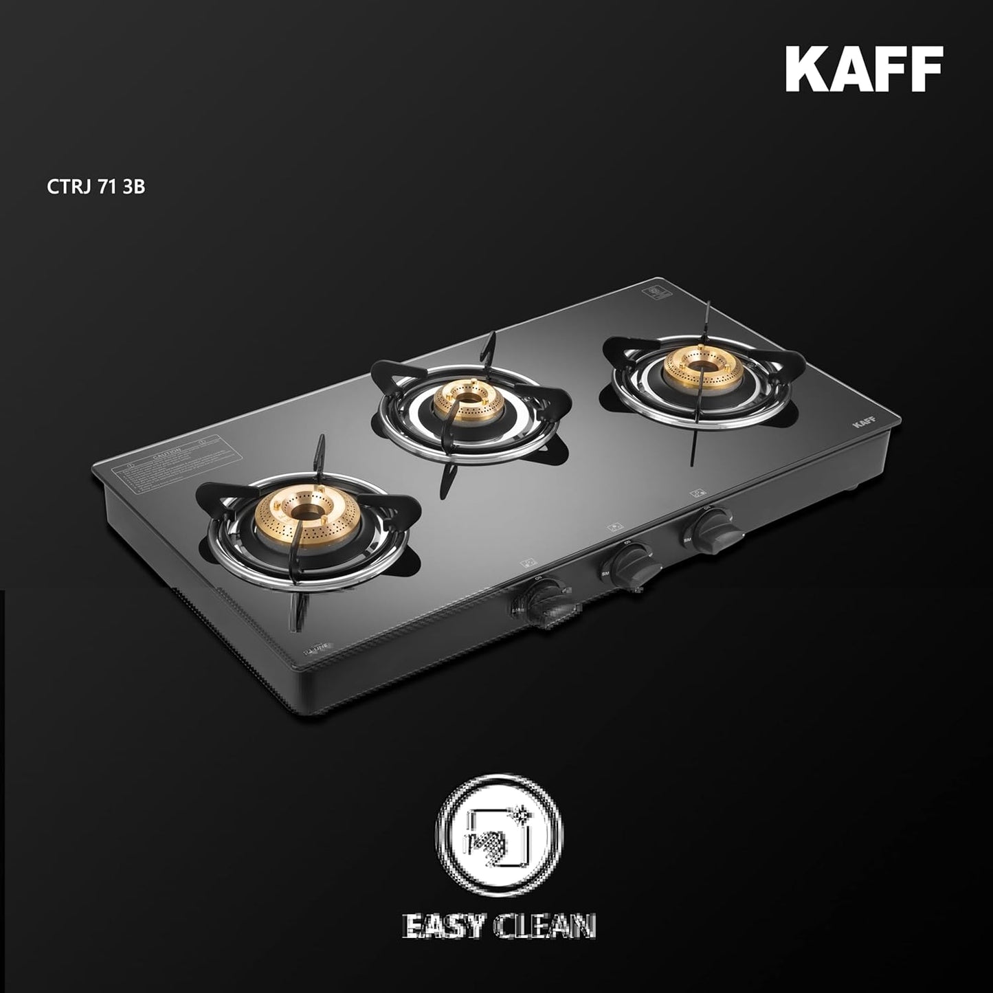 KAFF Cooktop | 3 Burners with Slim Line Design 71 CM | High Efficiency Brass Burners, Black Tempered Glass | Matt Enamelled Pan Support | Black | CTRJ71-3B