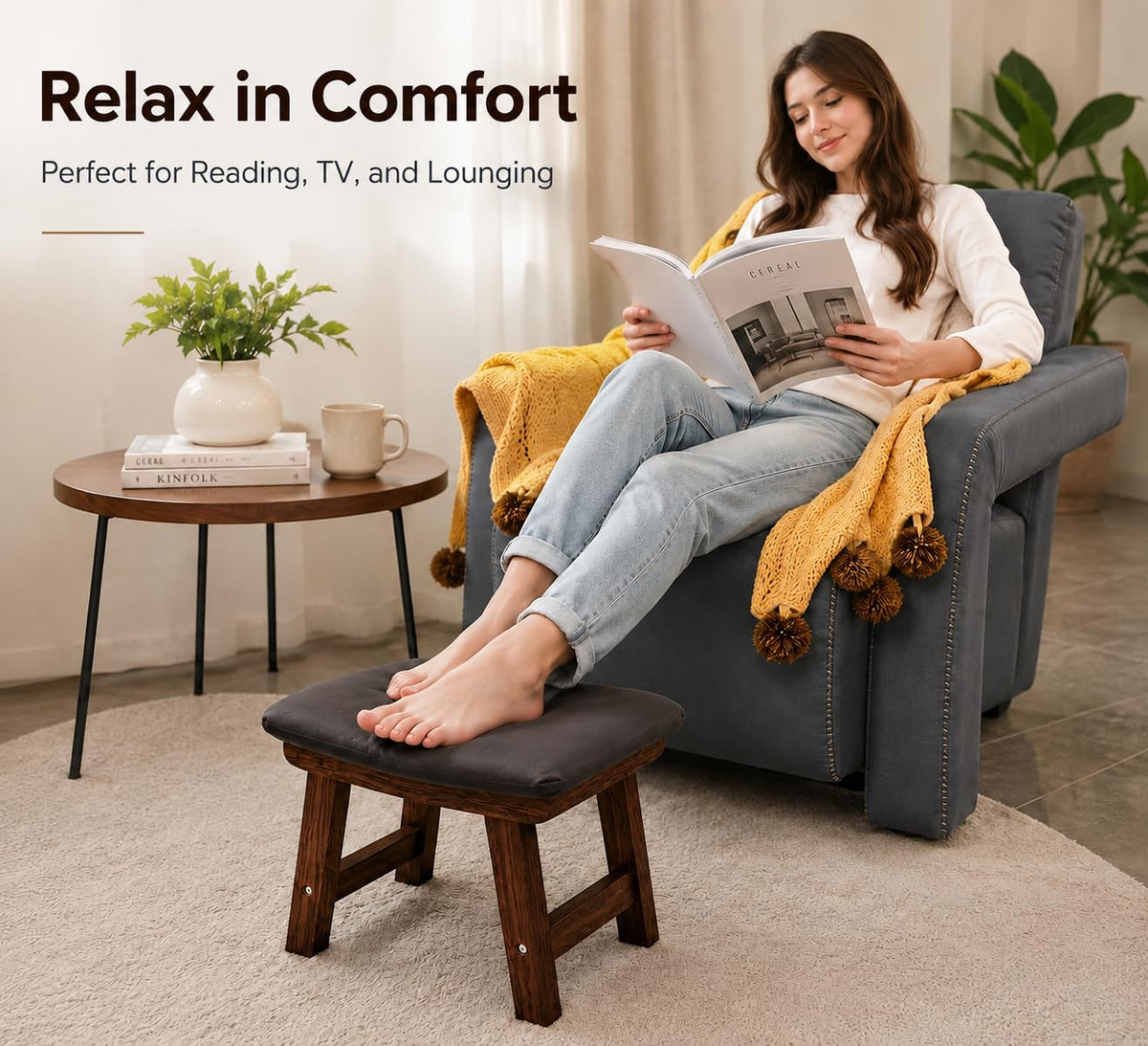 Solid Sheesham Wood Ergonomic Foot Rest Stool with Soft Cushion | Wooden Foot Stool for Office Desk, Home, Read