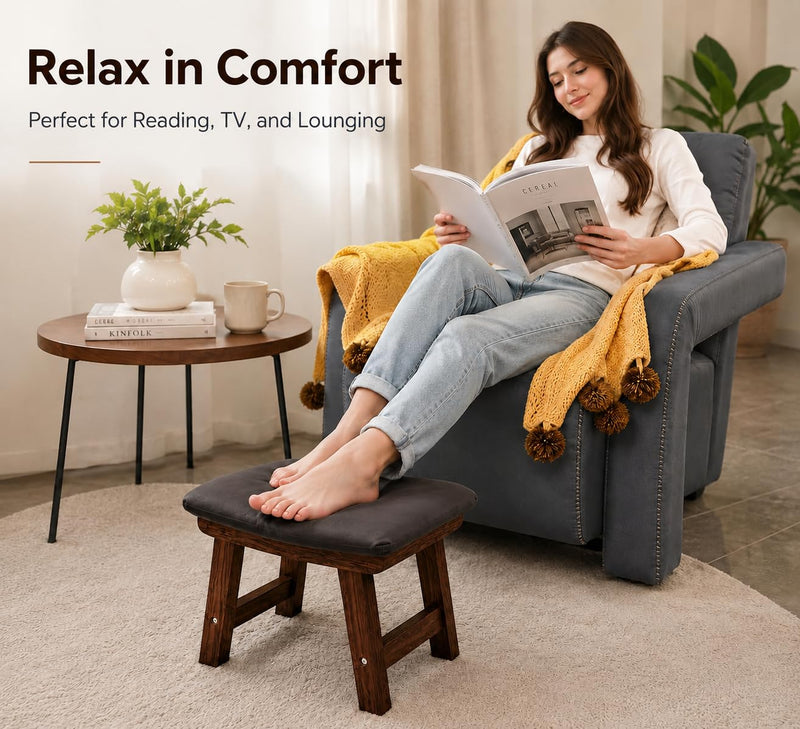 Solid Sheesham Wood Ergonomic Foot Rest Stool with Soft Cushion | Wooden Foot Stool for Office Desk, Home, Read