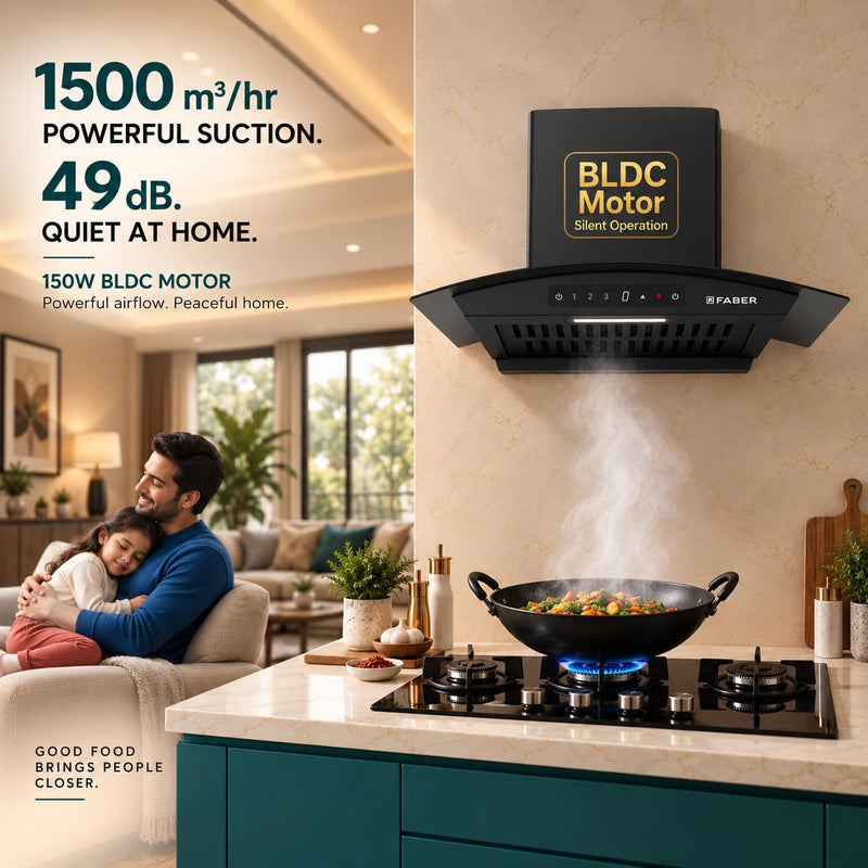 Faber Agile 60cm 1500m³/hr BLDC Autoclean Curved Shape Chimney | Built In Oil Collector | Touch & Gesture Control | 8Yr 