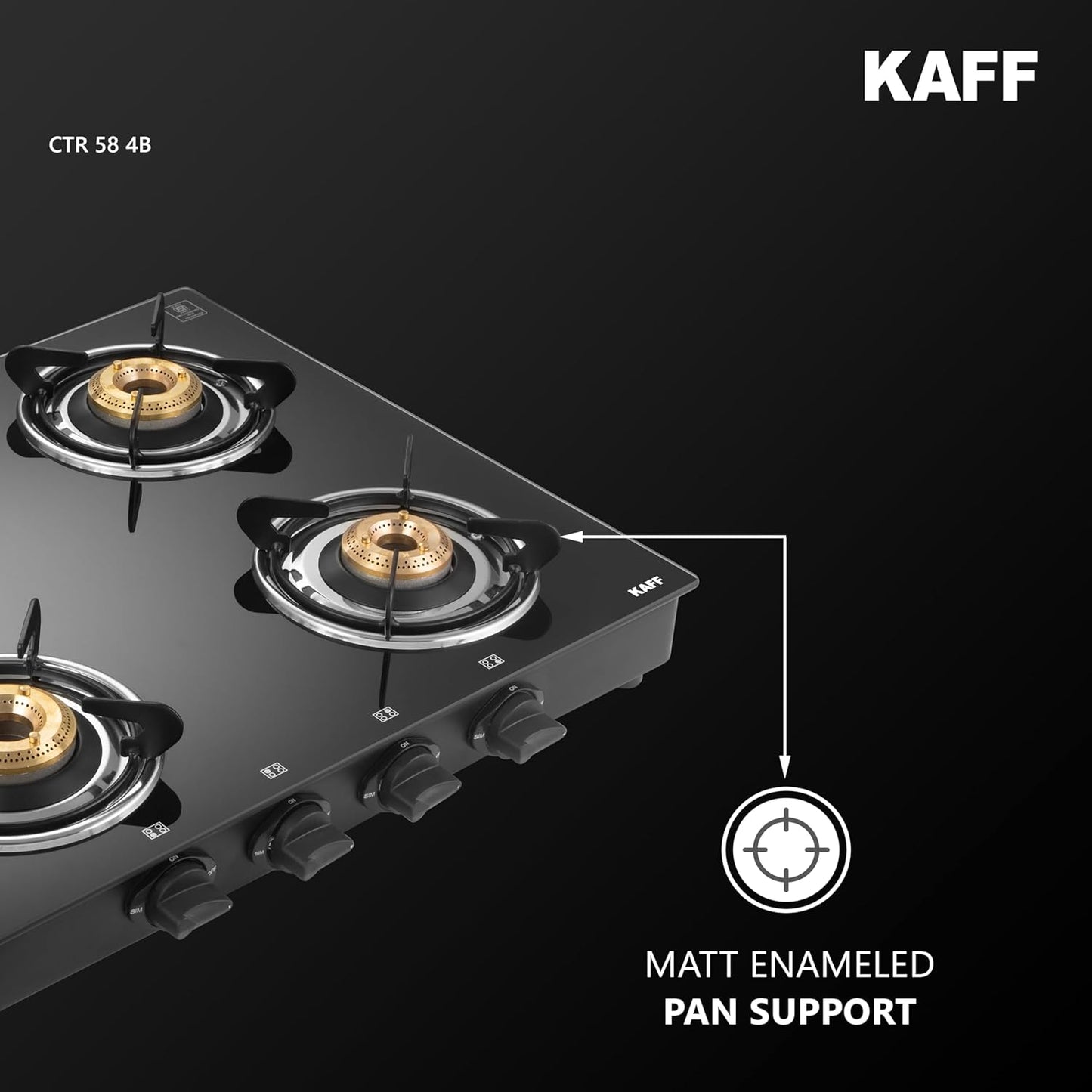 KAFF Cooktop | 4 Burners with Slim Line Design 58 CM | High Efficiency Brass Burners, Black Tempered Glass | Matt Enamelled Pan Support | Black | CTR58-4B