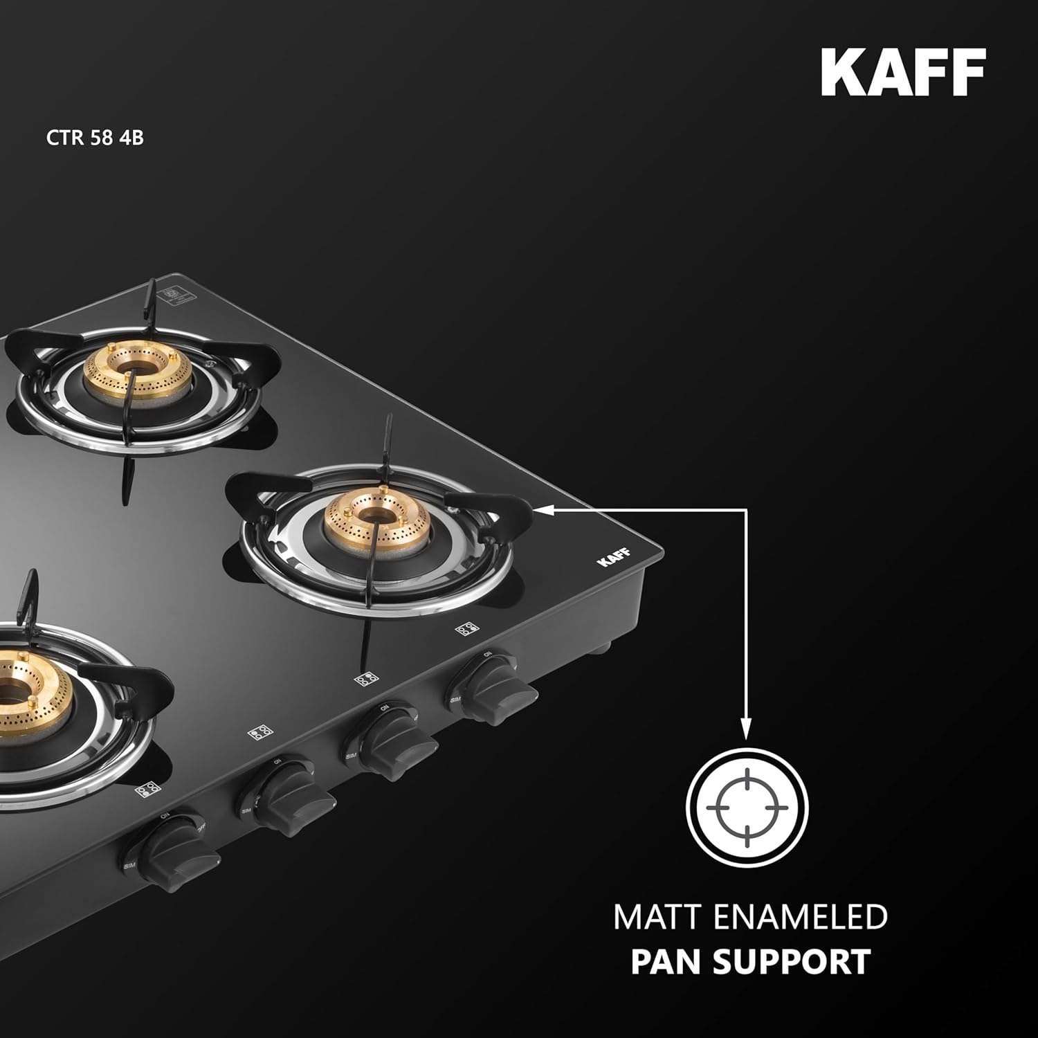 KAFF Cooktop | 4 Burners with Slim Line Design 58 CM | High Efficiency Brass Burners, Black Tempered Glass | Matt Enamelled Pan Support | Black | CTR58-4B
