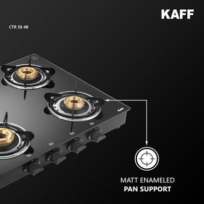 KAFF Cooktop | 4 Burners with Slim Line Design 58 CM | High Efficiency Brass Burners, Black Tempered Glass | Matt Enamelled Pan Support | Black | CTR58-4B