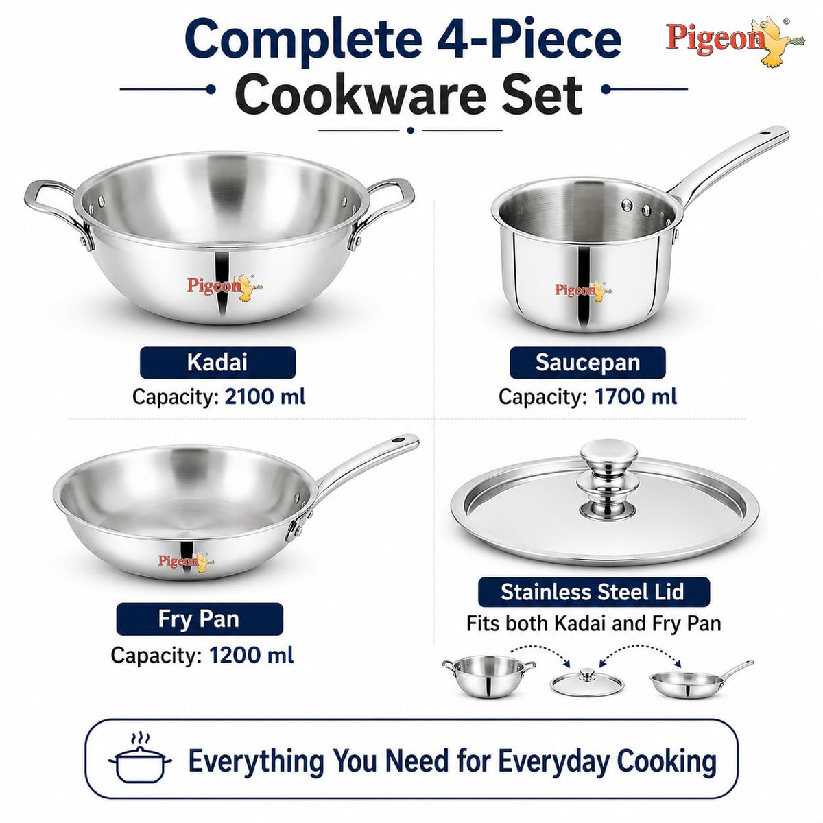 Pigeon Trinity Triply Stainless Steel 4 Pc Cookware Set - Triply Kadai 2100ml with Common Lid | Fry Pan 1200ml | Saucepa