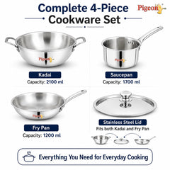 Pigeon Trinity Triply Stainless Steel 4 Pc Cookware Set - Triply Kadai 2100ml with Common Lid | Fry Pan 1200ml | Saucepa