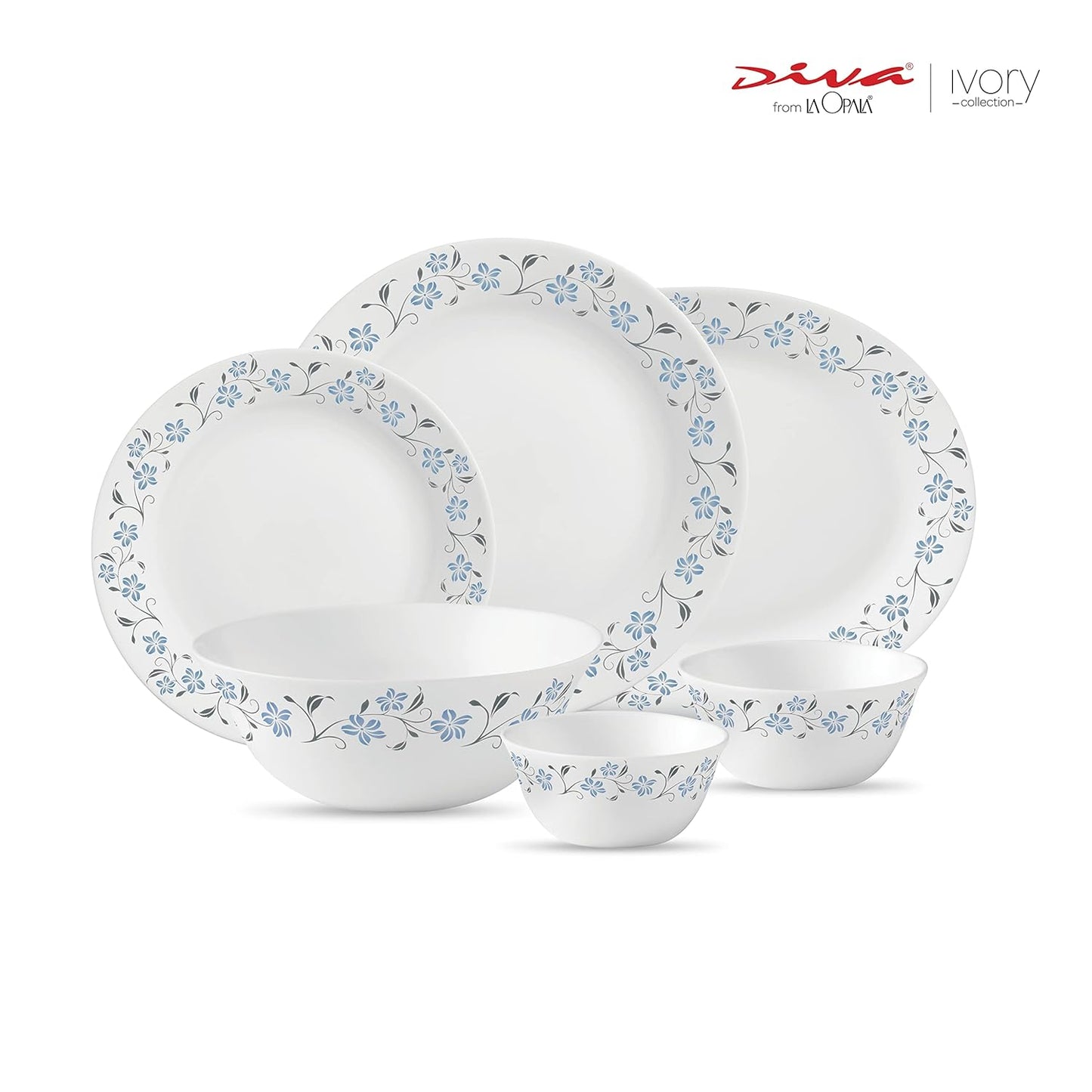 La Opala Diva, Ivory Collection, Opal Glass Dinner Set 27 pcs, Grace Blue, White