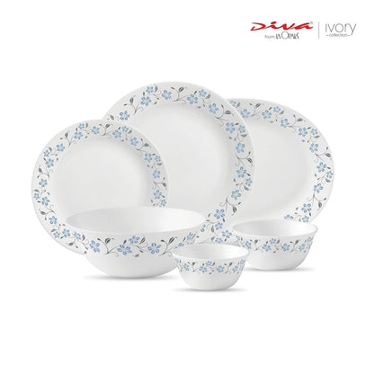 La Opala Diva, Ivory Collection, Opal Glass Dinner Set 27 pcs, Grace Blue, White