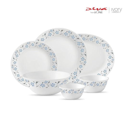 La Opala Diva, Ivory Collection, Opal Glass Dinner Set 27 pcs, Grace Blue, White