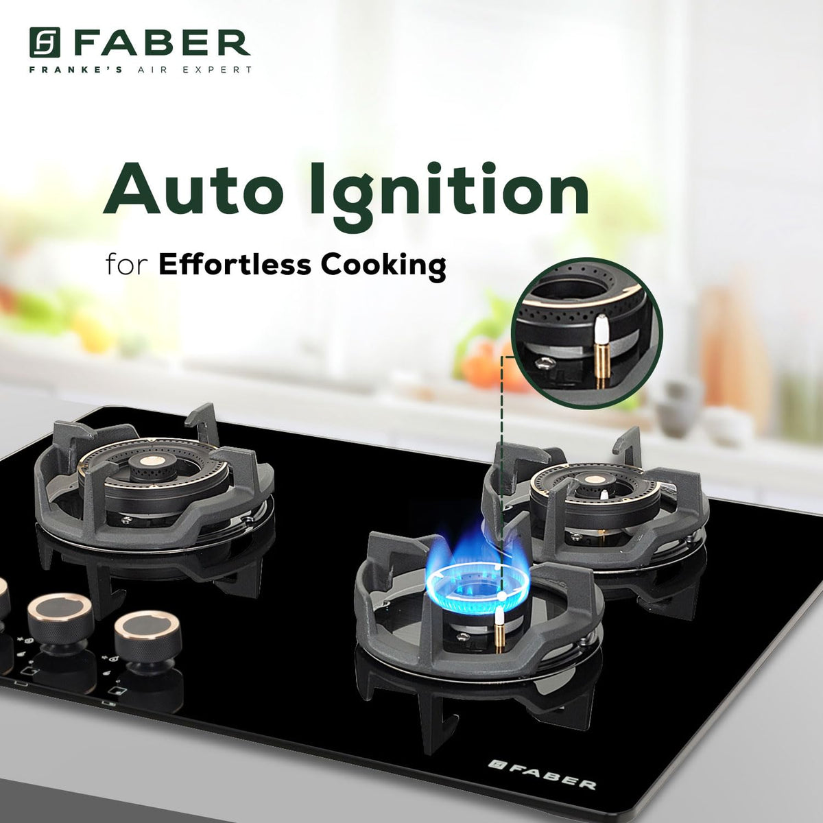 Faber 70Cm 3 Burner Hob|Auto Electric|Built-In Or Hobtop|Brass Burners|Cast Iron Pan Support|Glass Matt Finish|Metal Kno