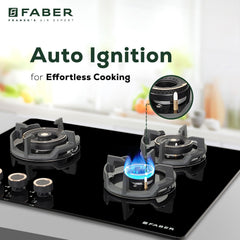 Faber 70Cm 3 Burner Hob|Auto Electric|Built-In Or Hobtop|Brass Burners|Cast Iron Pan Support|Glass Matt Finish|Metal Kno