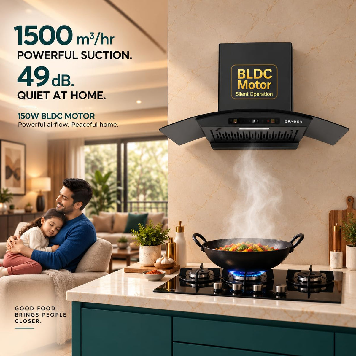 Faber Agile 75cm 1500m³/hr BLDC Autoclean Curved Shape Chimney | Built In Oil Collector | Touch & Gesture Control | 8Yr 